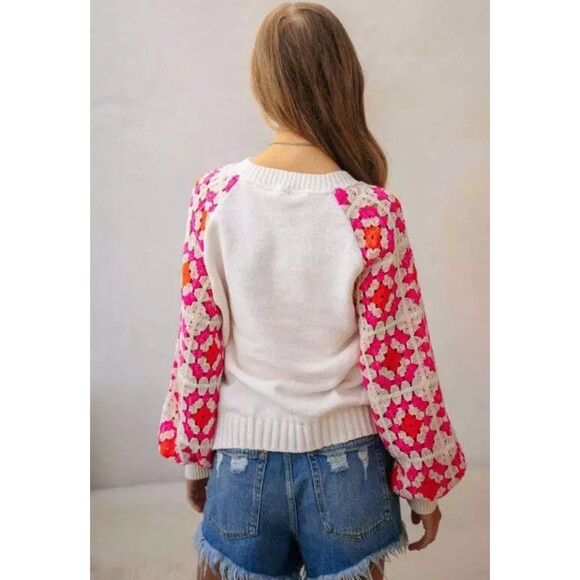 Davi & Dani Womens Granny Square Crochet Sweater 1XL XL 1X White Pink Orange - Picture 5 of 14